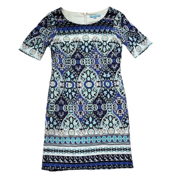 Antonio Melani Blue Aqua Damask Mirror Image Moroccan Sheath Dress Size 2 - Picture 1 of 7